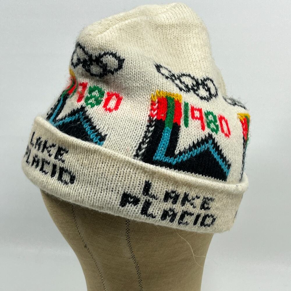 Olympics Hat Adult OS 1980 Lake Placid Winter Beanie Intarsia Mountain White VTG